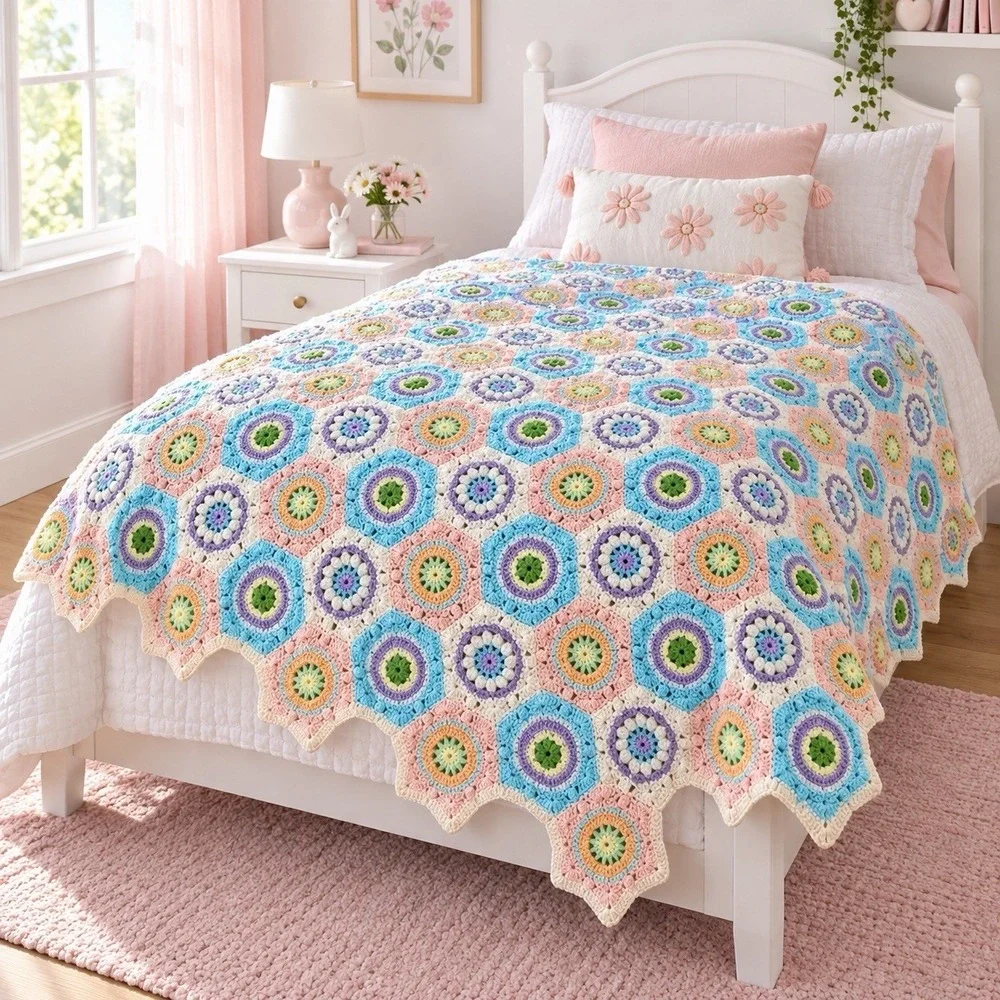 Vtg Flower Granny Hexagon Afghan Crochet Blanket Scalloped Handmade Quilt